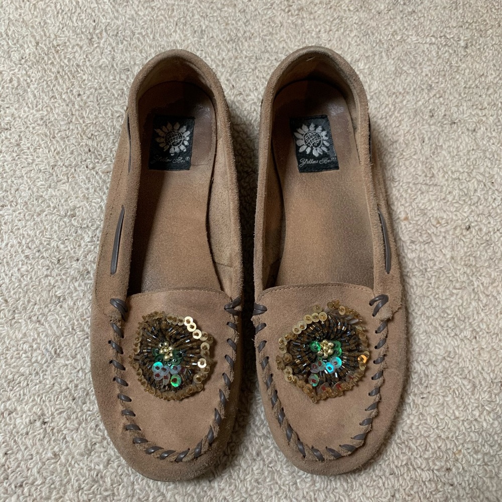 Tan moccasin with beaded detail